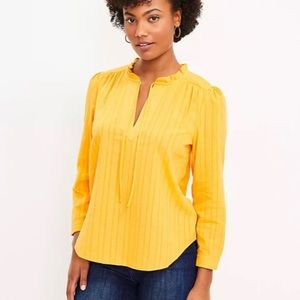 Loft V Neck Golden Textured Top with Ruffled Collar